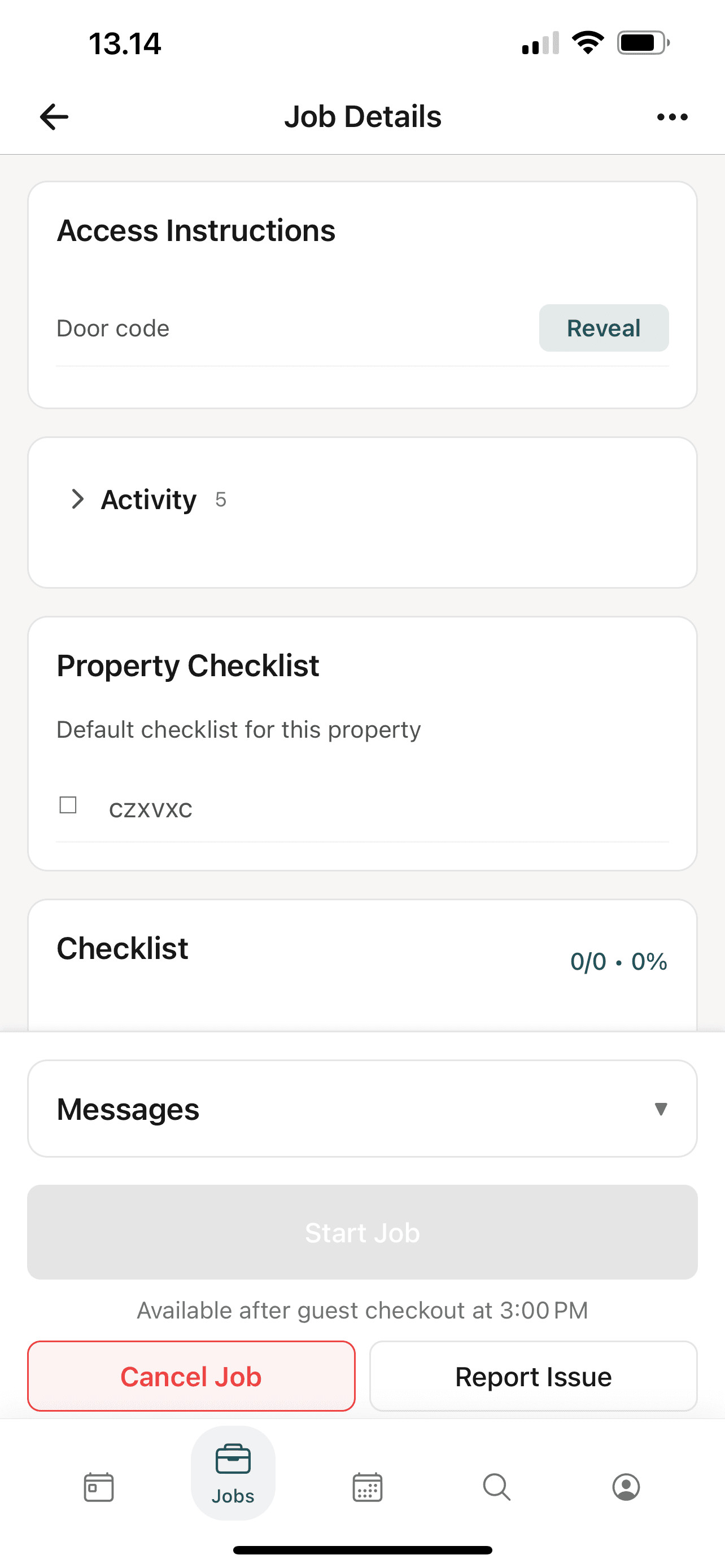 Cleaner job details: property photo, check-in and check-out, access and checklist