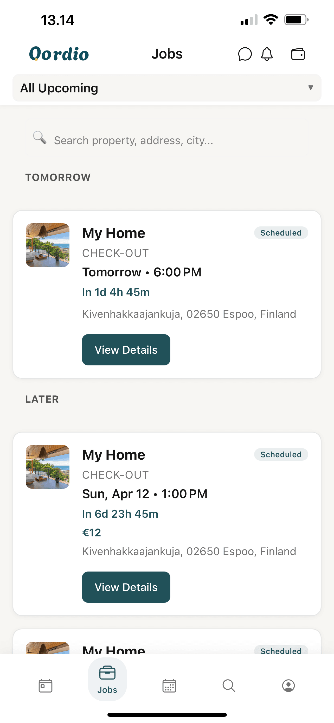 Cleaner Jobs list: scheduled check-outs with countdown and property details