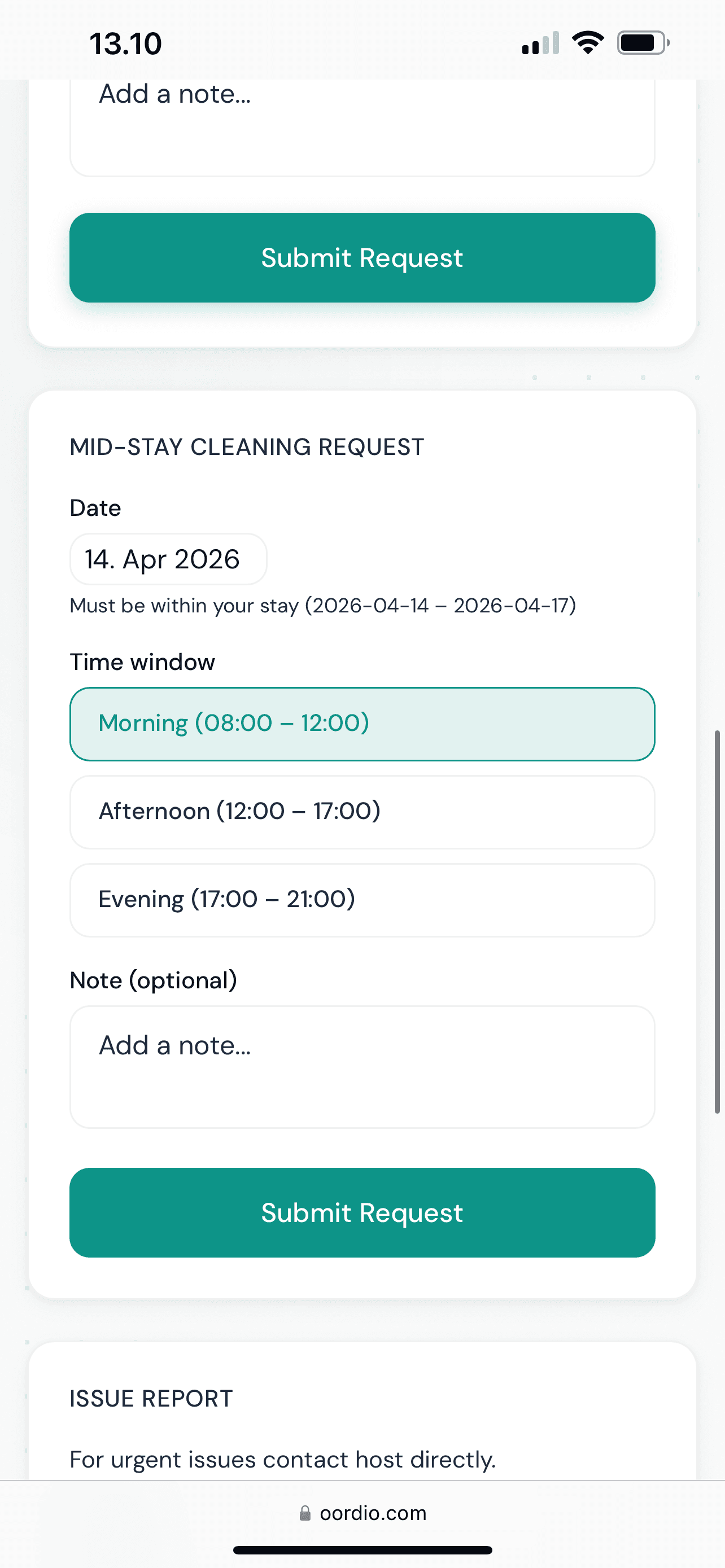 Stay Portal — guest mid-stay cleaning request with optional paid add-on