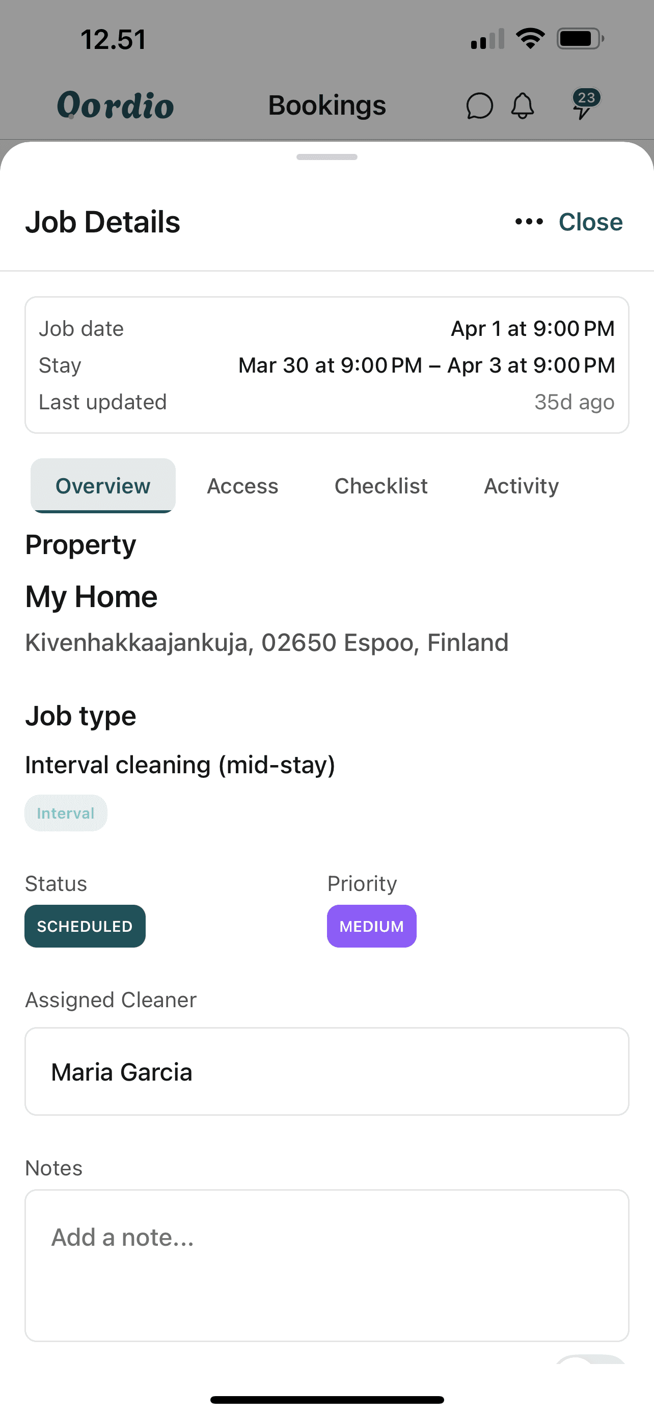 Oordio booking job details — overview with property, job type, assigned cleaner, and tabs for access and checklist