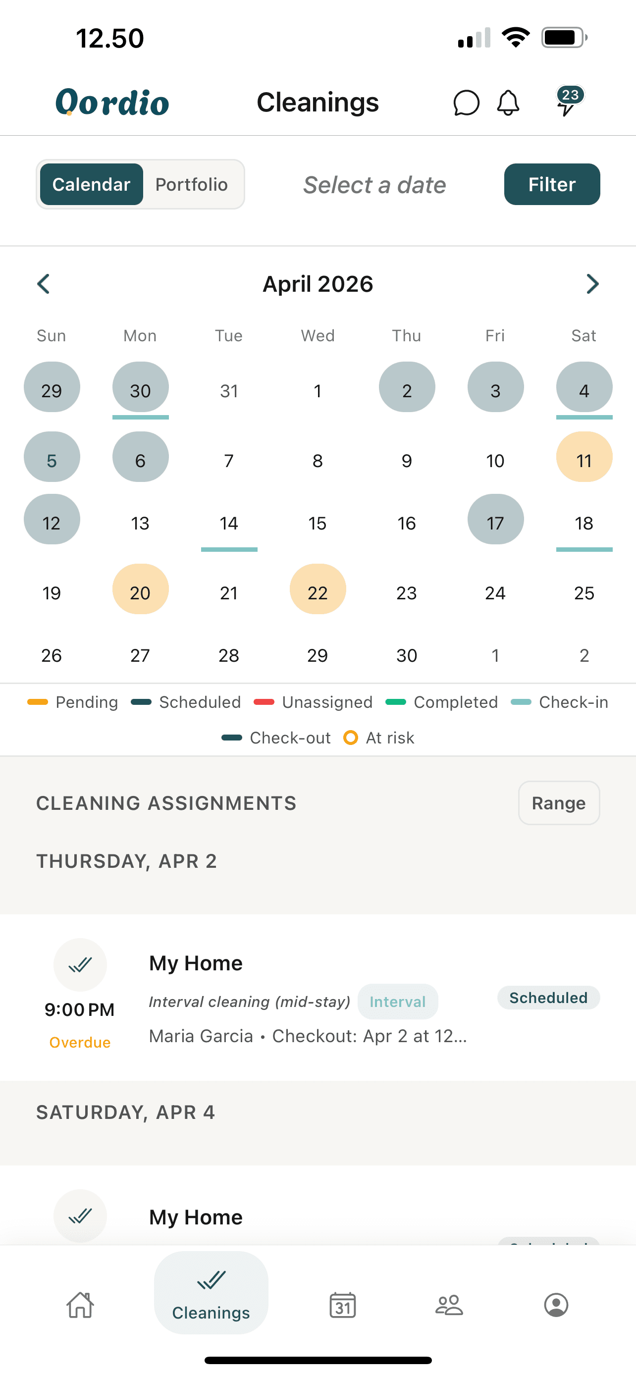 Cleanings calendar with legend and assignment list