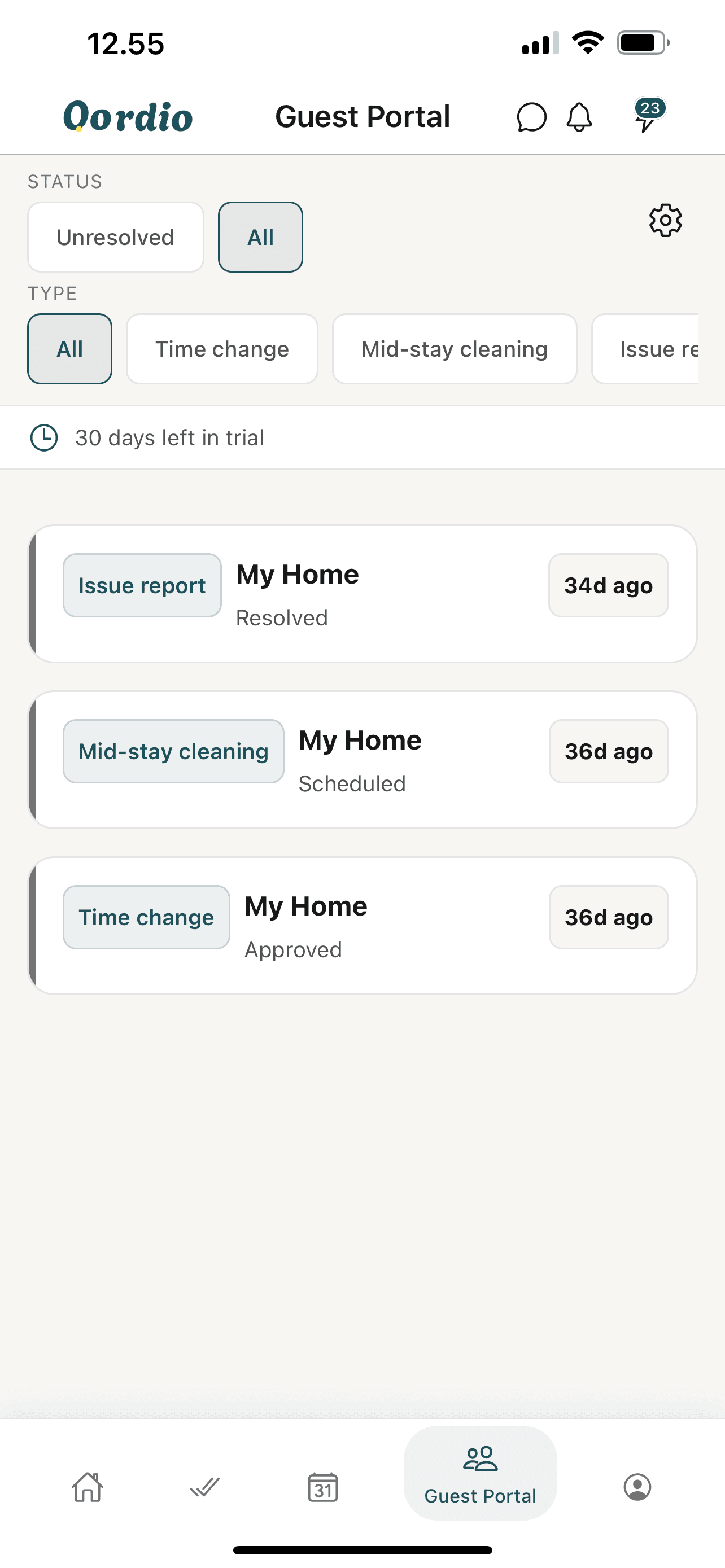 Guest Portal: filter guest requests by status and type — time changes, cleaning, issues