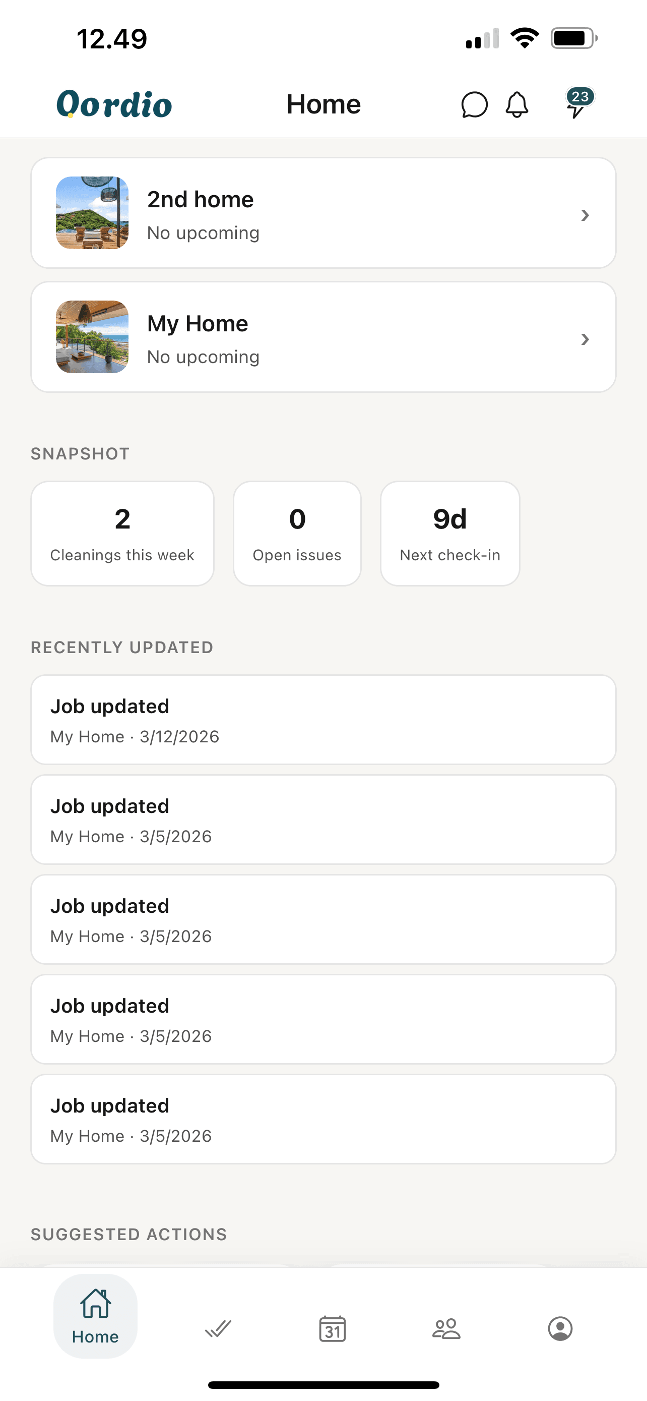 Oordio host Home: today snapshot, next seven days, and property cards