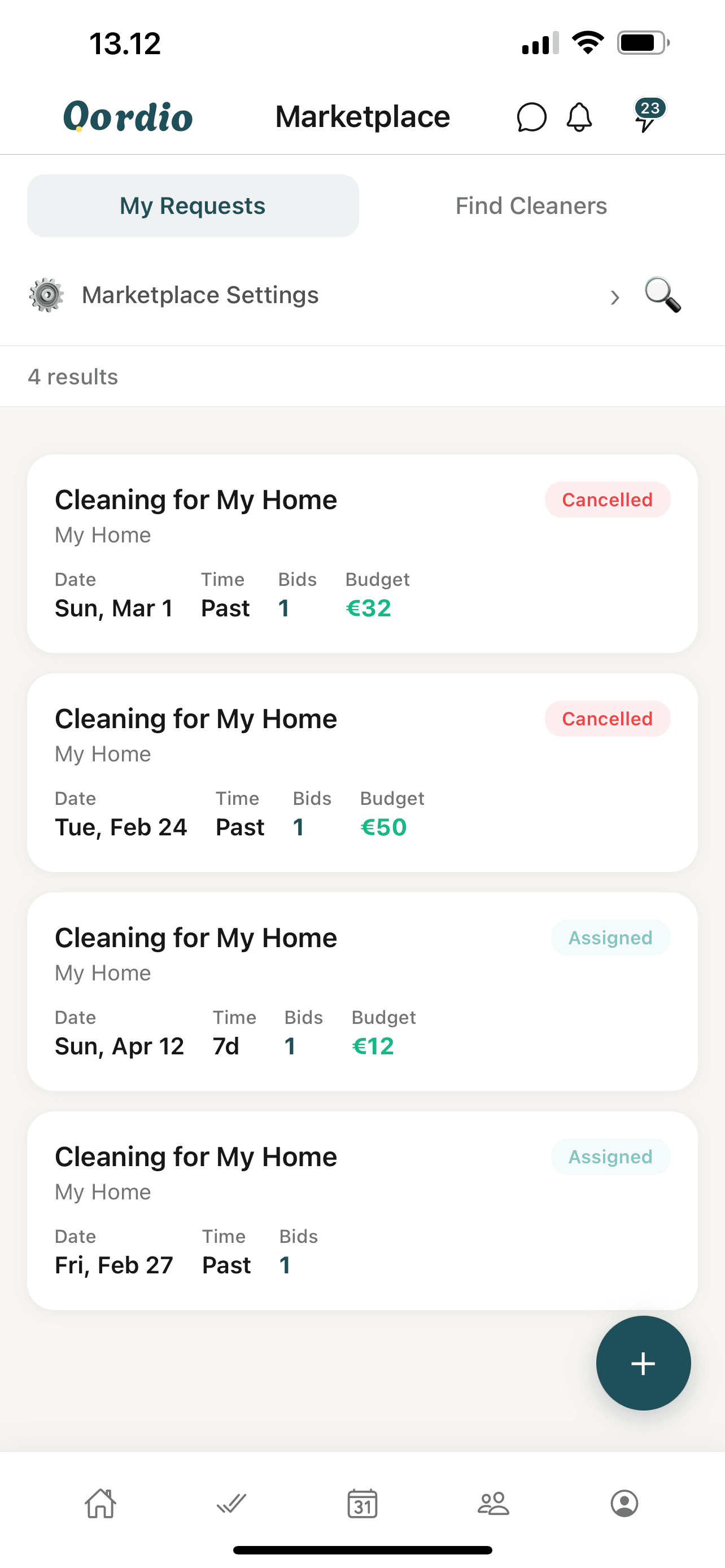 Marketplace My Requests: cleaning postings, status, bids and budget