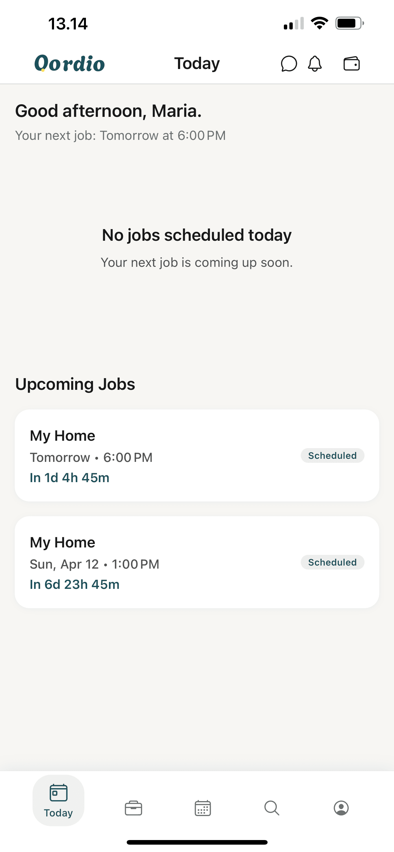Cleaner Today view: greeting, next job summary, upcoming job cards