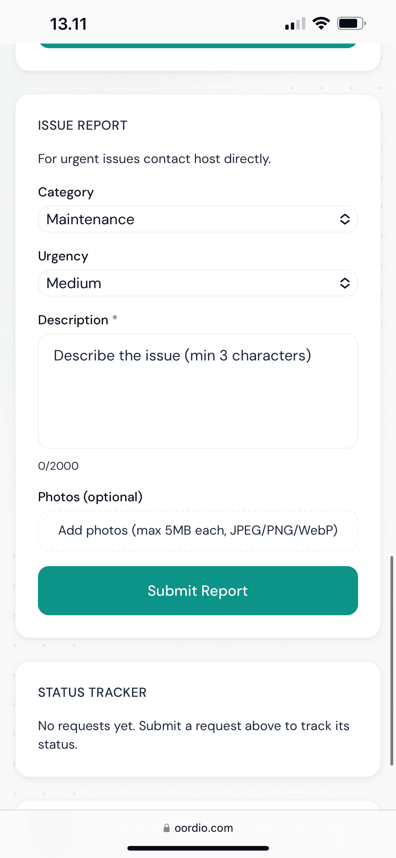 Stay Portal — guest issue report with title, description, and optional photos