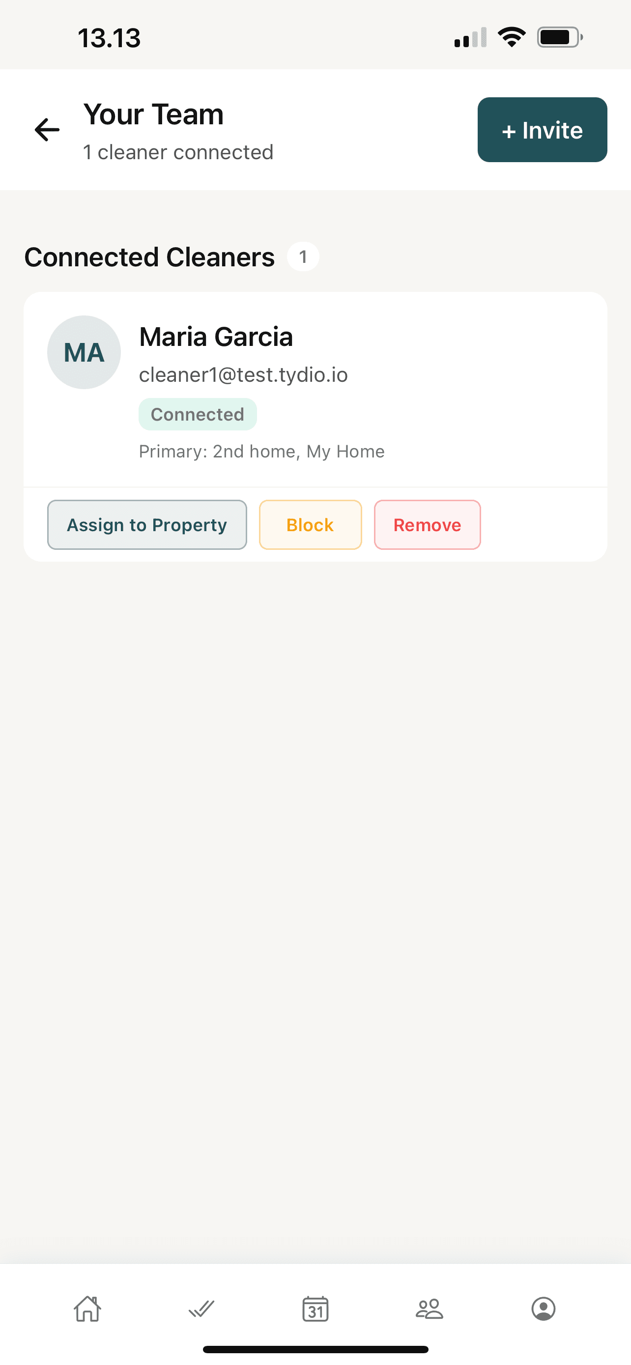 Your Team: connected cleaners, assign to property, invite