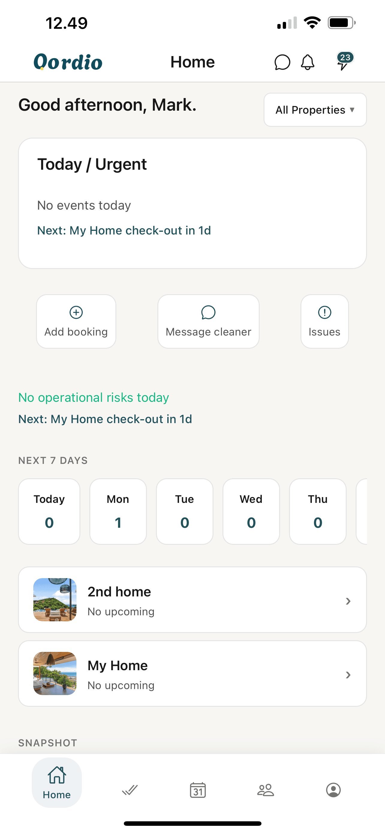 Oordio mobile app — host Home with today summary, next seven days, and properties